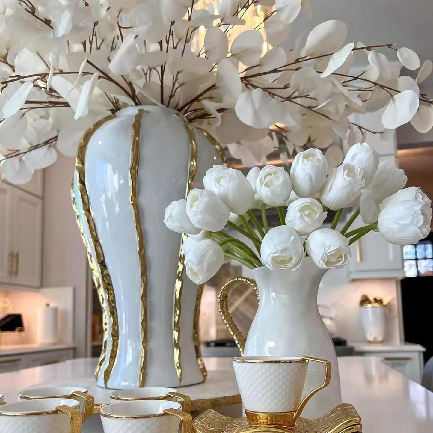 Luxury White Ceramic Ginger Jar Vase with Gold Trim – Handmade Porcelain Decorative Flower Vase for Home, Office, Weddings & Fireplace Mantle