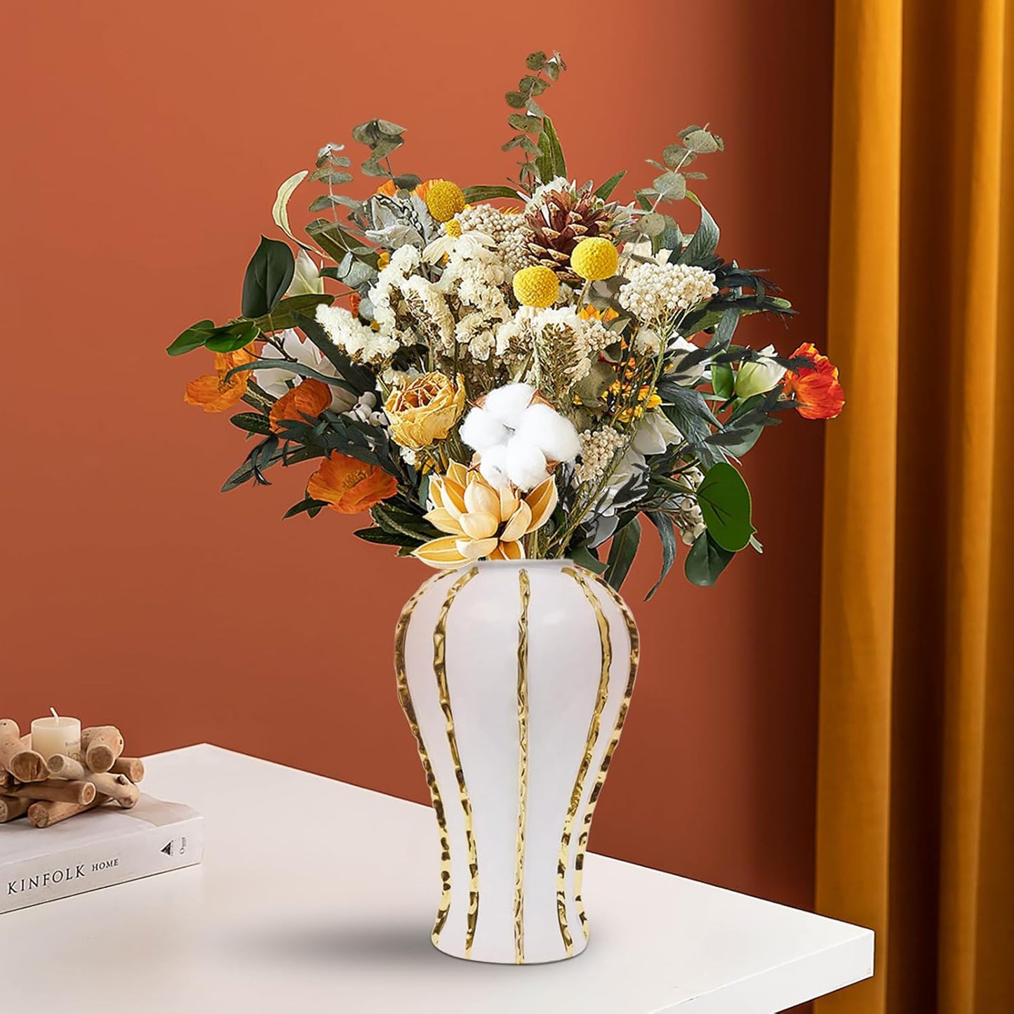 Luxury White Ceramic Ginger Jar Vase with Gold Trim – Handmade Porcelain Decorative Flower Vase for Home, Office, Weddings & Fireplace Mantle