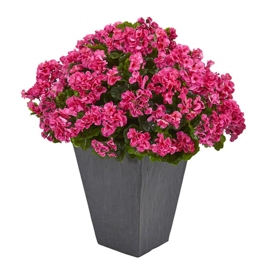 Luxury UV Resistant Geranium Artificial Plant in Slate Ceramic Planter – Indoor & Outdoor Floral Decor