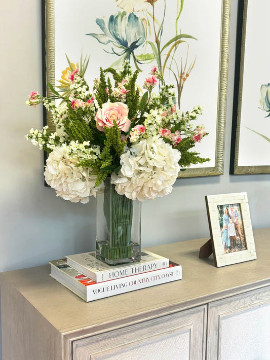 Lush Mixed Hydrangea, Rose & Heather Arrangement in Glass Vase – Faux Floral Centerpiece for Home or Office Décor